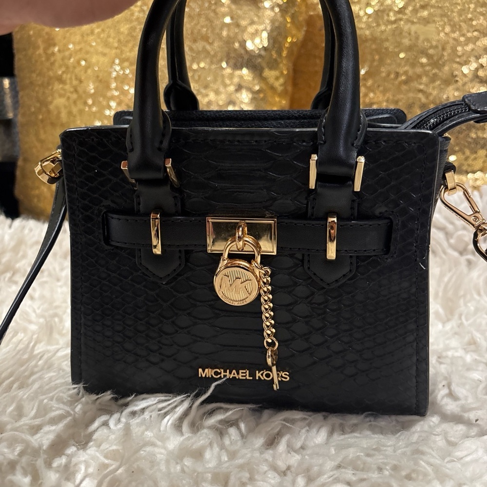 Michael Kors Hamilton XS satchel crossbody bag in black snake-embossed leather